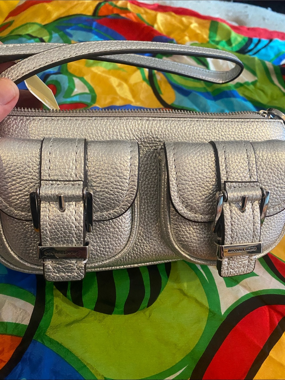 Michael Kors Metallic Silver Pebbled Leather Mini Wristlet